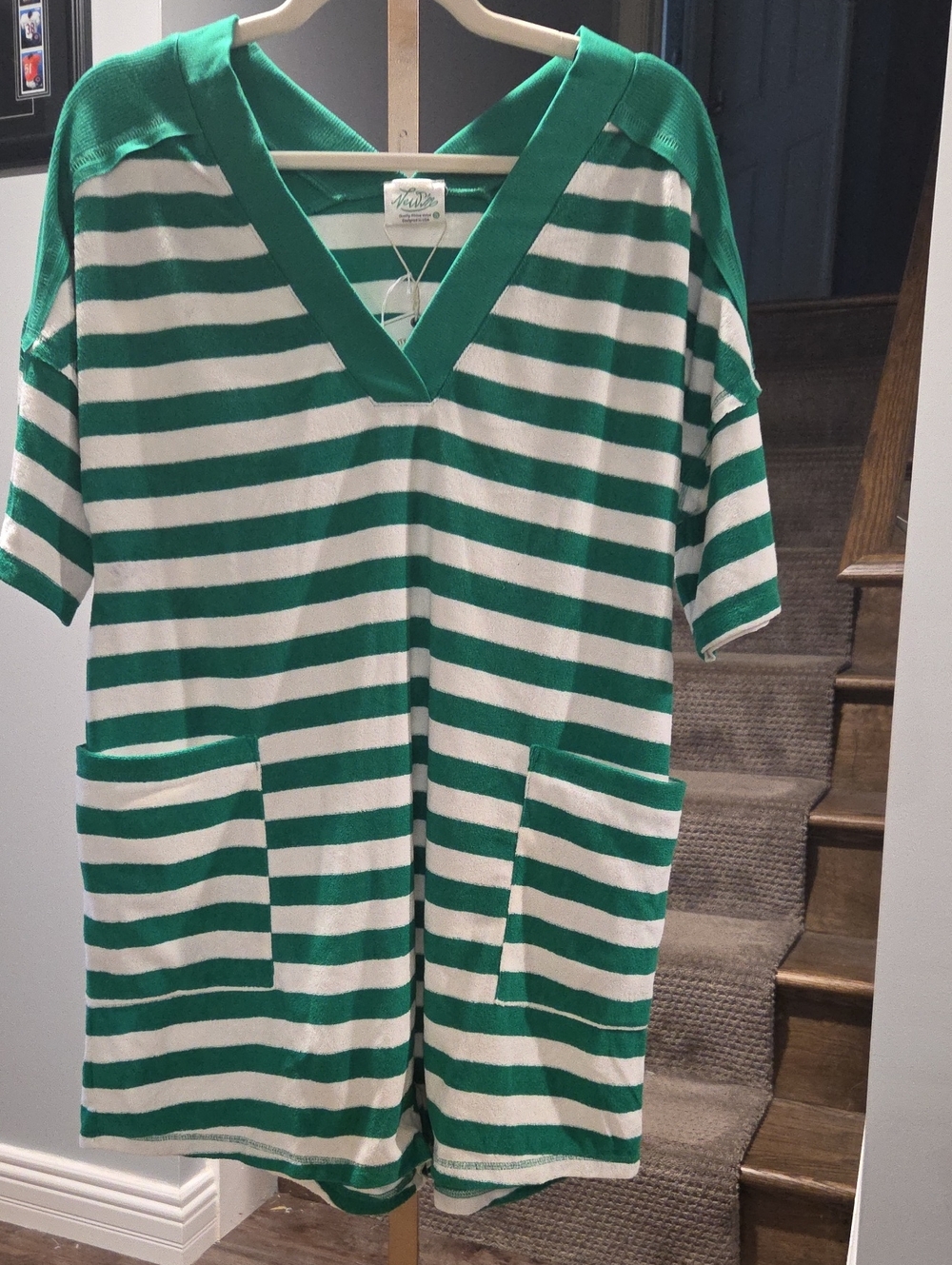 Green and White Striped Cotton Romper